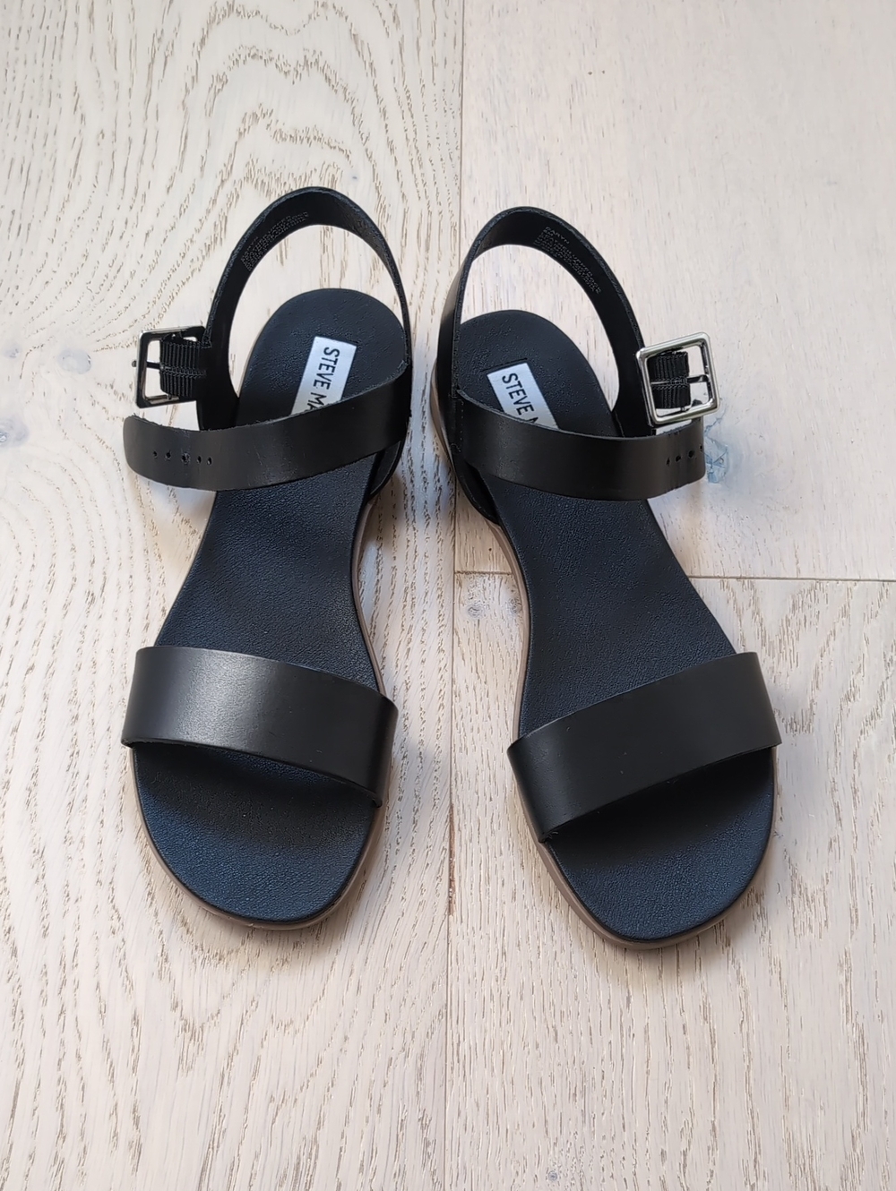 Steve Madden Black Leather Two-Strap Ankle Buckle Sandals